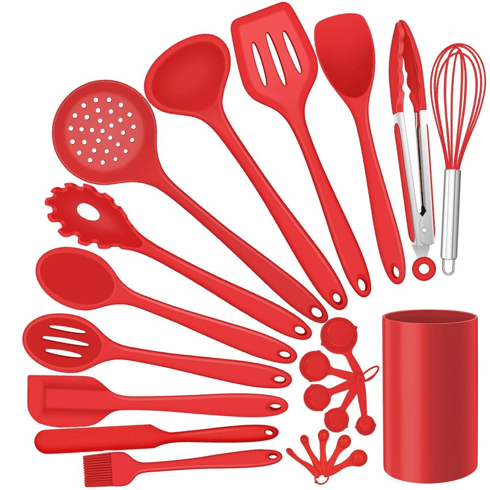 Silicone Kitchen Utensils Set, 23 Pcs Red Cooking Utensils Tools with Holder fo