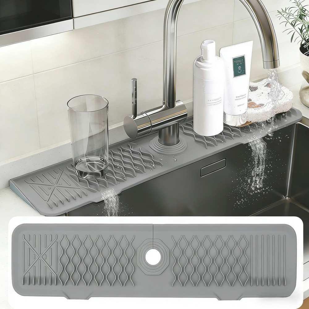 24 Inch Silicone Faucet Mat for Kitchen Sink, 7° Slope Fast Self-Draining Sin…