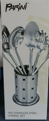 NIB PARINI 7 PC. POLISHED STAINLESS STEEL UTENSIL SET, SPOONS FORK LADLE SPATULA