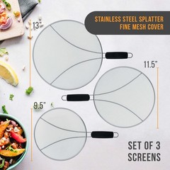 13″, 11.5″, 9.5″ Stainless Steel Fine Mesh Splatter Screen Set, Black Handles