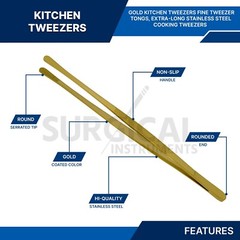 BBQ Kitchen Cooking Tweezers Tongs 12″ Extra-Long Stainless with Round Tip Gold