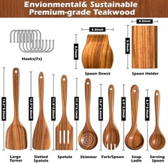 Natural Teak Kitchen Cooking Utensil Set with Holder, Wooden Spoons for Cooki…