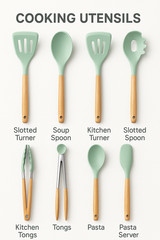 12 PCS Silicone Kitchenware Utensil Set with Wooden Handle & Holder Green