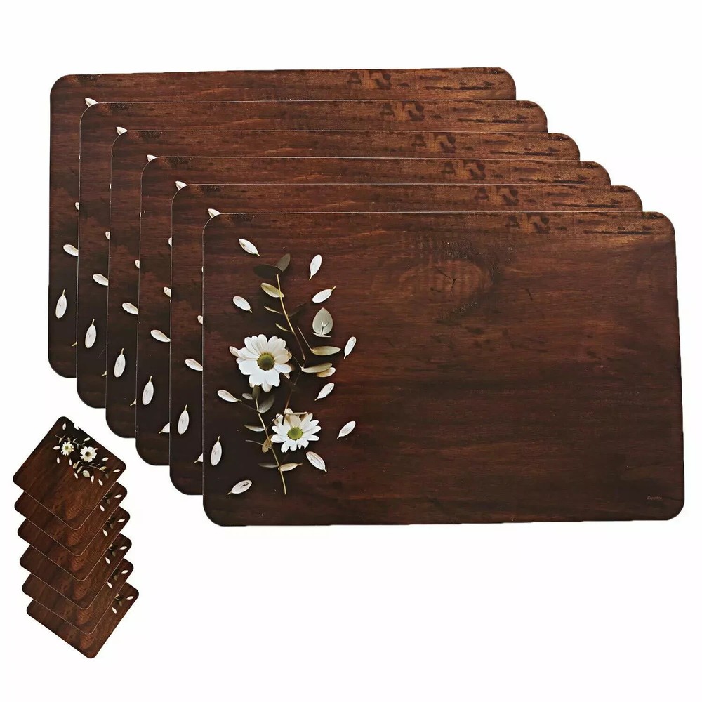 Wooden Design Floral PVC 6 Piece Dining Table Placemat Set with Tea Coasters Mat