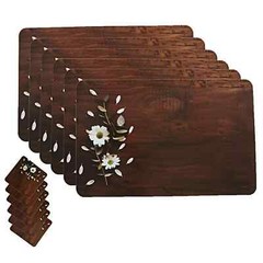 Wooden Design Floral PVC 6 Piece Dining Table Placemat Set with Tea Coasters Mat
