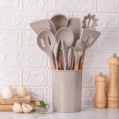 12pcs, Silicone Utensil Set, Khaki Kitchen Utensil Set With Wooden Handle, Safet