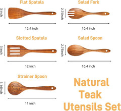 5pc Teak Wood Cooking Utensil Set Non Stick Heat Resistant Kitchen Spoons