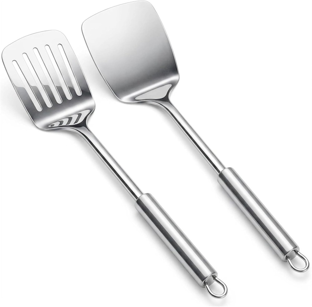 Silver Spatula Set, 13.5-inch Stainless Steel Solid & Slotted Spatula Turner
