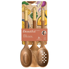 Beautiful by Drew Barrymore 3pc Wood Cooking Tools Set Kitchen Utensils New