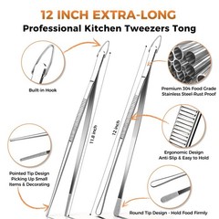 12 Inch Kitchen Tweezer Tongs, 2 PCS Stainless Steel Round & Precision Pointe…