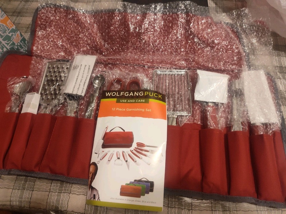 Wolfgang Puck 12-Piece Garnishing Set w/ Roll-Up Case, Gray/Red New Free Ship