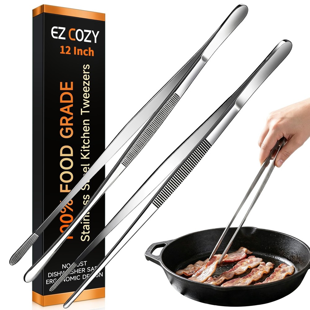 Kitchen Tweezers 2PC Cooking Tongs Set, Stainless Steel Food-Grade 12″ Long T…