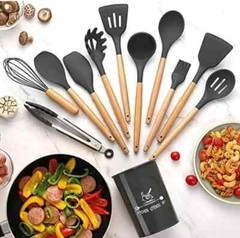 12-Pcs Kitchen Silicone Utensils Set with Heat Resist Wooden Handle Black