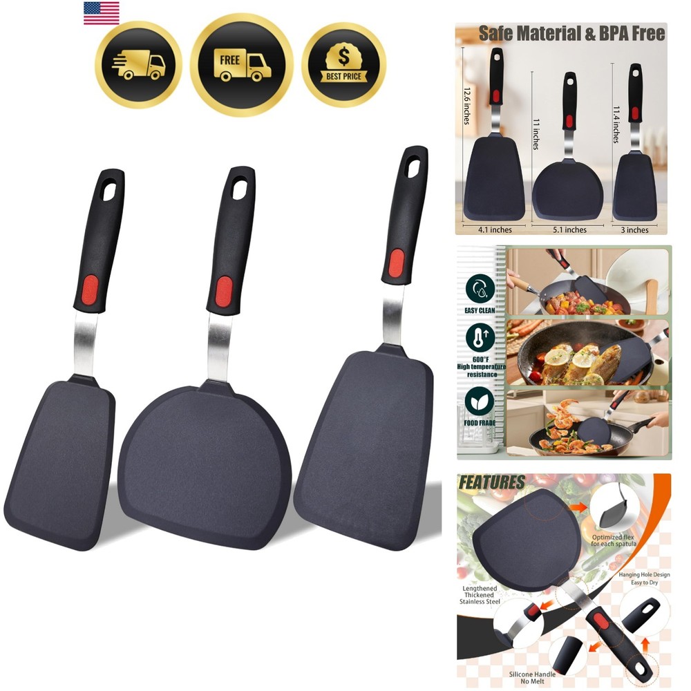 3-Pack Large Silicone Spatula Turners for Nonstick Cookware | 600°F heat resi…