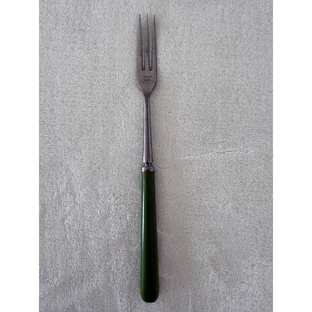 Vintage Unbranded MCM Granny Meat Fork Long Green Handle Stainless Steel Japan