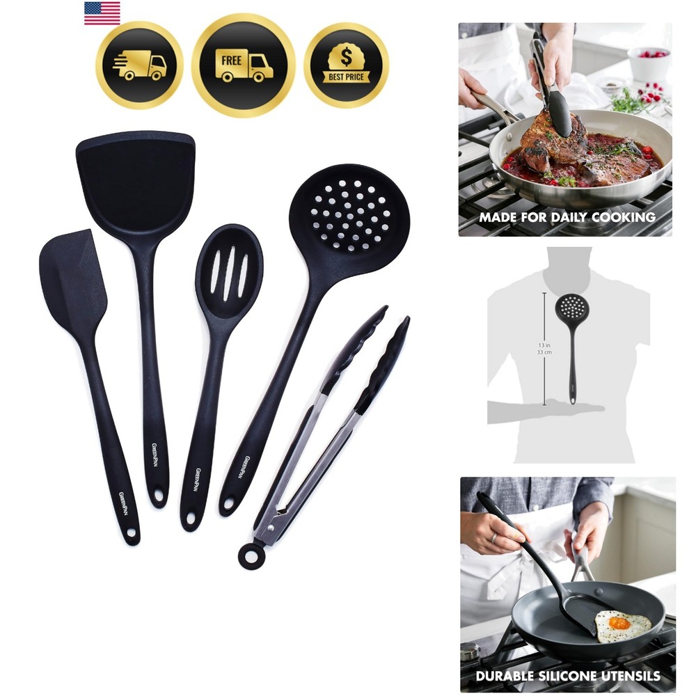 Cooking Utensil Set 5 Piece Silicone Nonstick Tongs Turner Spatula Skimmer Spoon