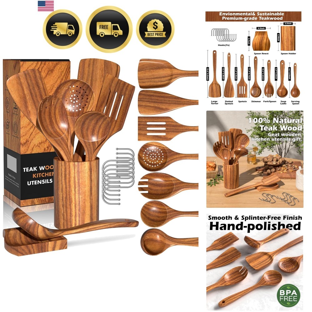 Natural Teak Kitchen Cooking Utensil Set with Holder, Wooden Spoons for Cooki…