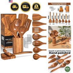 Natural Teak Kitchen Cooking Utensil Set with Holder, Wooden Spoons for Cooki…