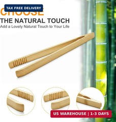 2 Pack Premium Bamboo Toaster Tongs, 10 Inches Natural Wooden Tongs with Serrate