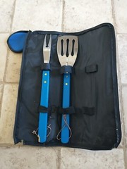 Stainless China BBQ Barbecue Grill Wood Handle Set 2 Pcs. Used Condition