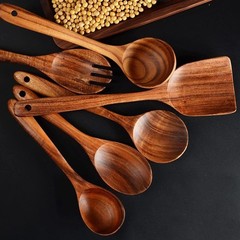 Wooden Cooking Spoons Set 12 Piece Teak Kitchen Utensils Non-Stick Safe