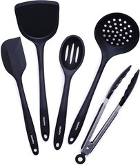 Cooking Utensil Set 5 Piece Silicone Nonstick Tongs Turner Spatula Skimmer Spoon