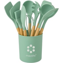 12 PCS Silicone Kitchenware Utensil Set with Wooden Handle & Holder Green
