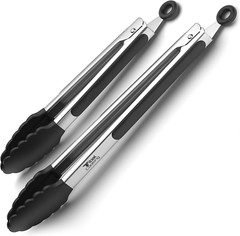 Stainless Steel Kitchen Tongs Set 9″ & 12″ w/ Silicone Tips & Locking Grip