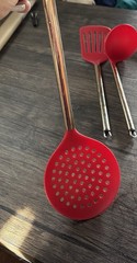 3-Piece Red Plastic Utensil Set w/ Stainless Steel Handles, Hanging Loop