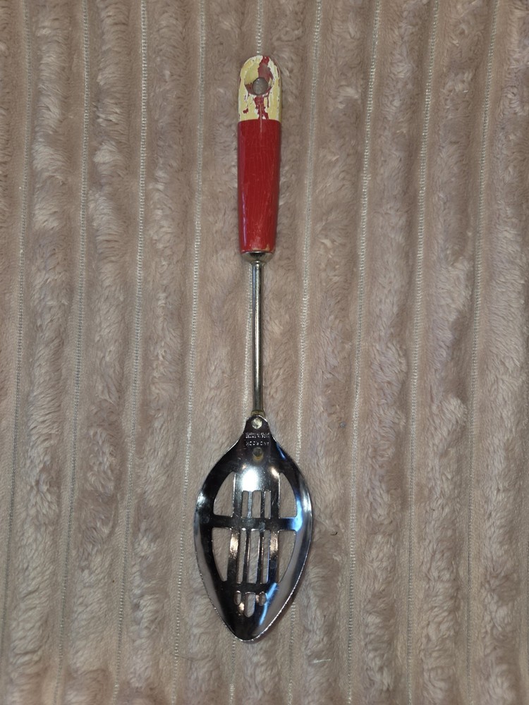 Vintage Slotted Serving Spoon Red Wood Androck United States Of America Stamped