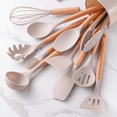 12pcs, Silicone Utensil Set, Khaki Kitchen Utensil Set With Wooden Handle, Safet