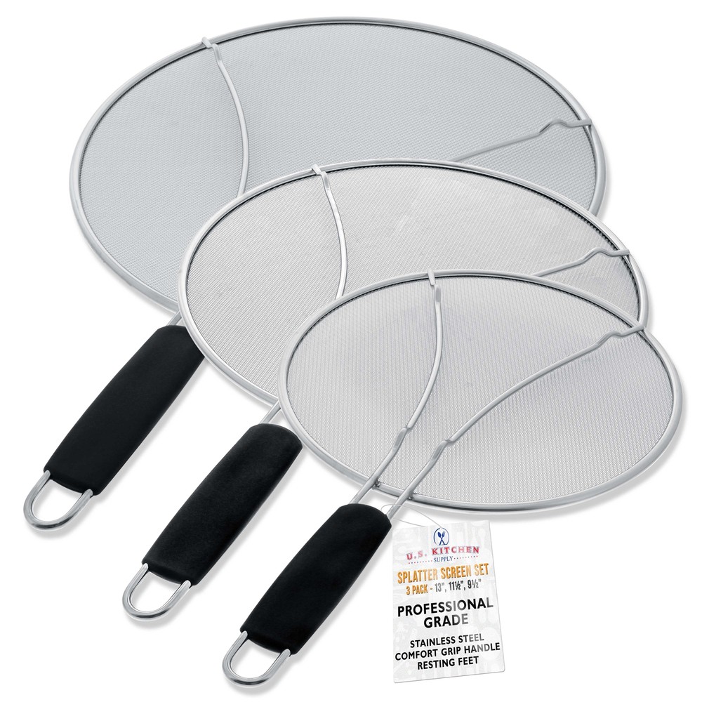 13″, 11.5″, 9.5″ Stainless Steel Fine Mesh Splatter Screen Set, Black Handles