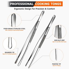 Kitchen Tweezers 2PC Cooking Tongs Set, Stainless Steel Food-Grade 12″ Long T…