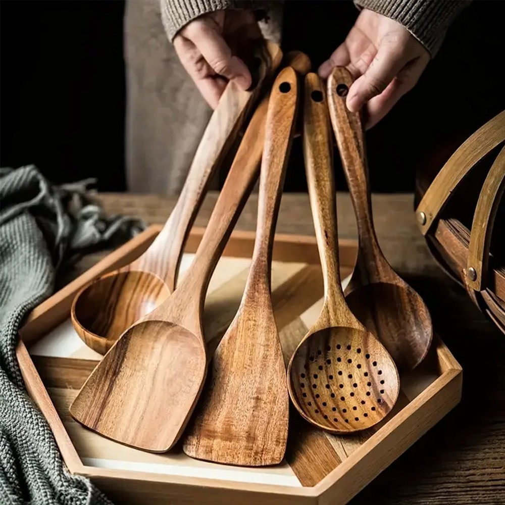 Wooden Kitchen Utensil Set – Natural Cooking Tools for Stirring & Serving