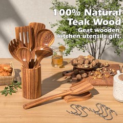 Natural Teak Kitchen Cooking Utensil Set with Holder, Wooden Spoons for Cooki…