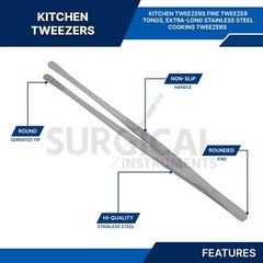 BBQ Kitchen Cooking Tweezers Tongs 10″ Extra-Long with Round Tip German Grade