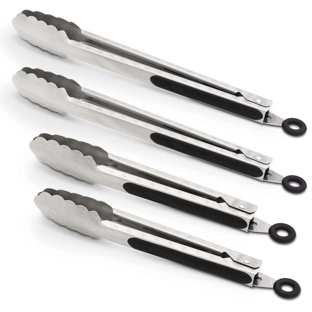 304 STAINLESS STEEL KITCHEN COOKING TONGS 9″ AND 12″ SET OF 4 STURDY GRILLING BA