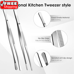 2 Pcs 12-Inch Stainless Steel Kitchen Utensils, Cooking Tongs, Kitchen Tweezers