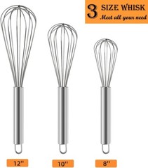 3 Pcs Stainless Steel Whisk Kitchen Utensil Wisk For Blending and Stirring New