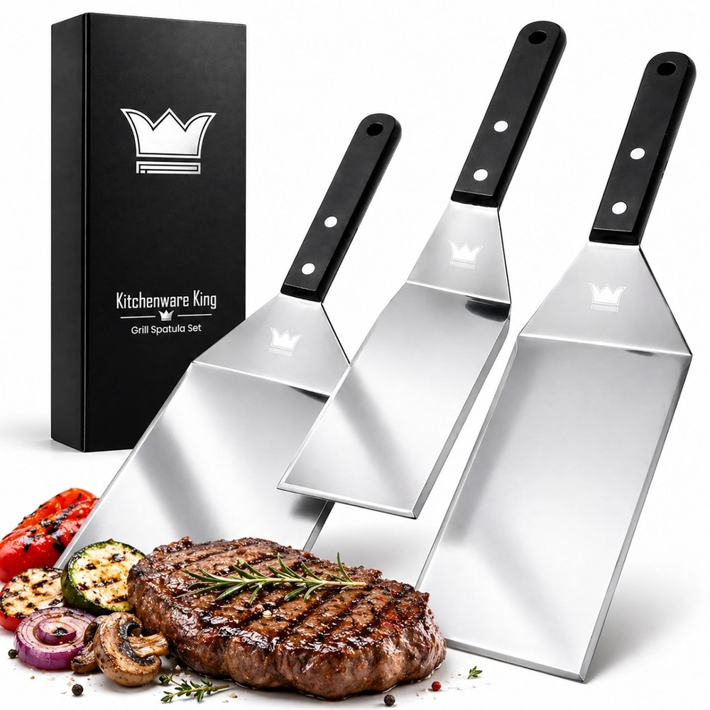 Premium Mirror Polished Stainless Steel Spatula Set – Griddle Spatula Set Wit…