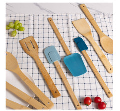 9 Piece Bamboo Kitchen Utensil Set Blue Cooking Gadgets Collection