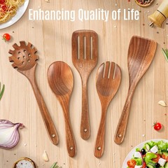 Wooden Spoons Kitchen Utensils Set 5 Pcs Natural Teak Non-Stick Cooking Tools