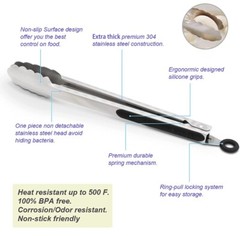 304 Stainless Steel Kitchen Cooking Tongs, 9″ and 12″ Set of 2