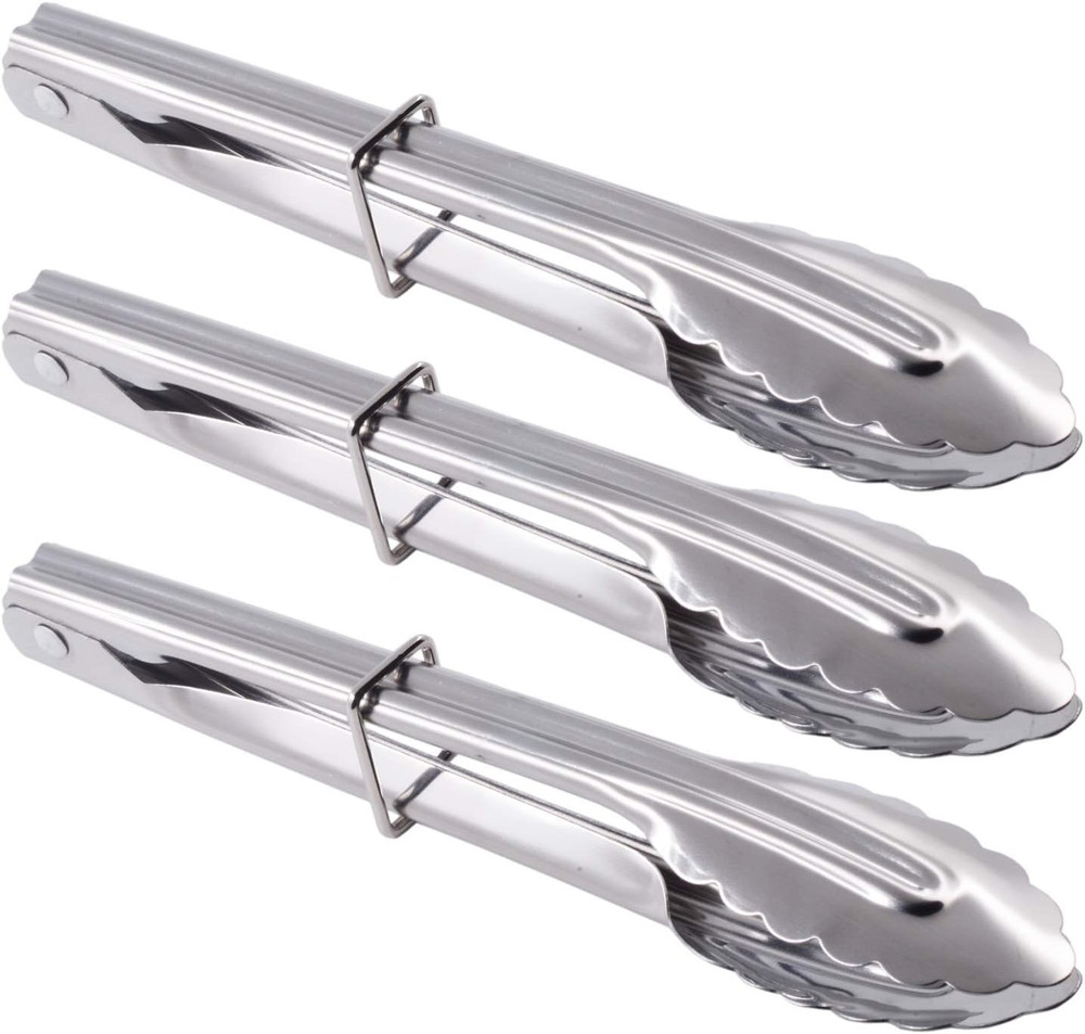 HINMAY 7-Inch Small Stainless Steel Serving Tongs, Set of 3 (Silver) | 7-Inch Mi