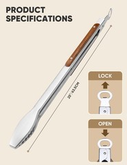 25″ Extra Long BBQ Tongs with Wooden Handle, Heavy Duty Stainless Steel Metal