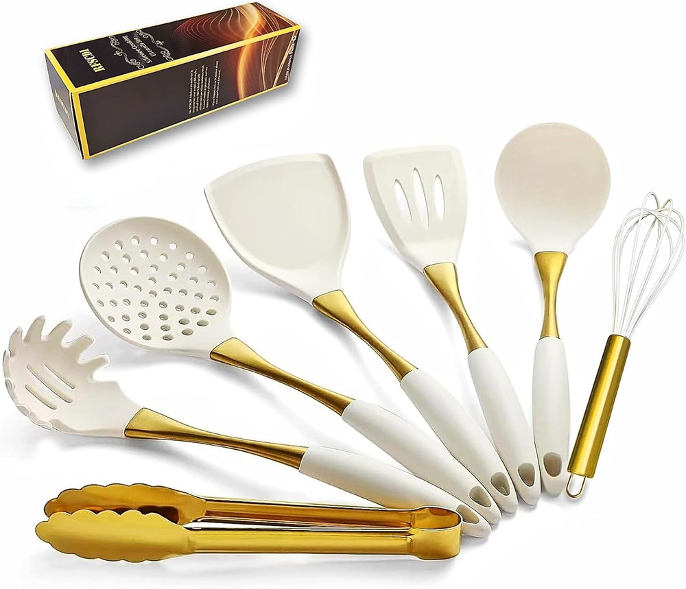 Elegant White Gold Silicone Cooking Utensils Set – Non-Toxic, Dishwasher Safe Ki