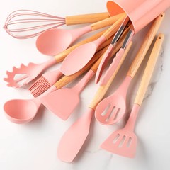 12pcs, Silicone Utensil Set, Khaki Kitchen Utensil Set With Wooden Handle, Safet