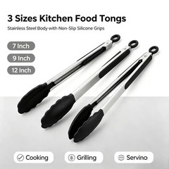 Kitchen Tongs with Silicone Tips – Stainless Steel tongs for cooking 3 sizes