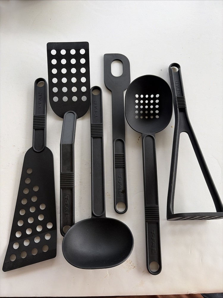 Lot of 6 T-Fal Black Plastic Utensils For Teflon Coated Pans Spoons Scrapers