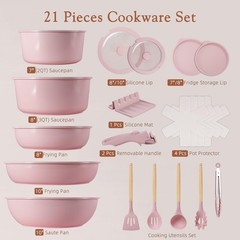 Astercook 21 Pcs Pots and Pans Non Stick 21 Kitchen Cookware Sets, Pink